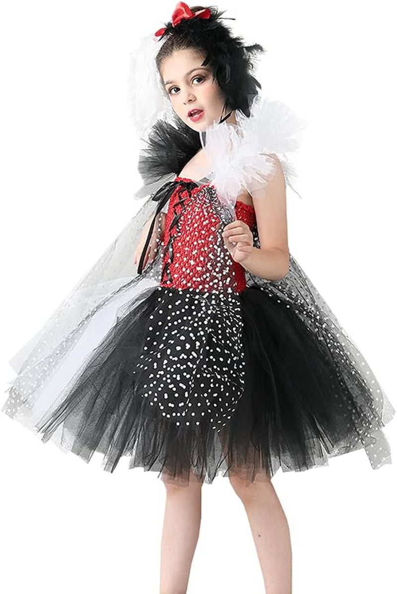Toddler Dalmatian Costume Girls Dalmatian Cruella Deville Costume Kids Dress up Devilish Cosplay Halloween Dalmation Costume Cape Infant Tutu Skirt Black and White Wigs Baby Birthday Party Outfit 2-3T