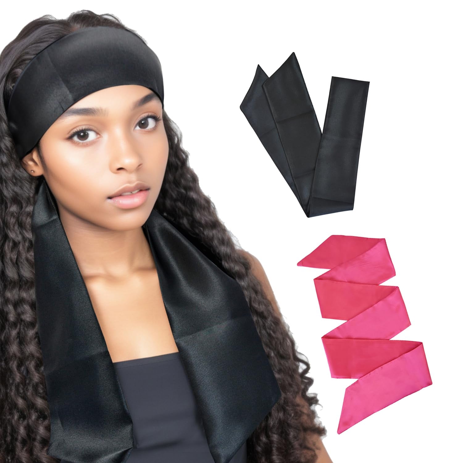 2 Pcs Satin Edge Laying Scarf Hair Wrap Wigs Grip Band Wrapping Head Fashion Headband for Laying Lace Frontal Wigs Non Slip Hair Wrap Headband for Yoga, Makeup, Facial, Sport (1 Pc Pink, 1 Pc Black)