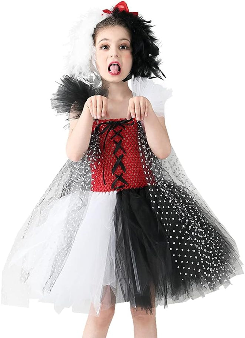 Toddler Dalmatian Costume Girls Dalmatian Cruella Deville Costume Kids Dress up Devilish Cosplay Halloween Dalmation Costume Cape Infant Tutu Skirt Black and White Wigs Baby Birthday Party Outfit 2-3T