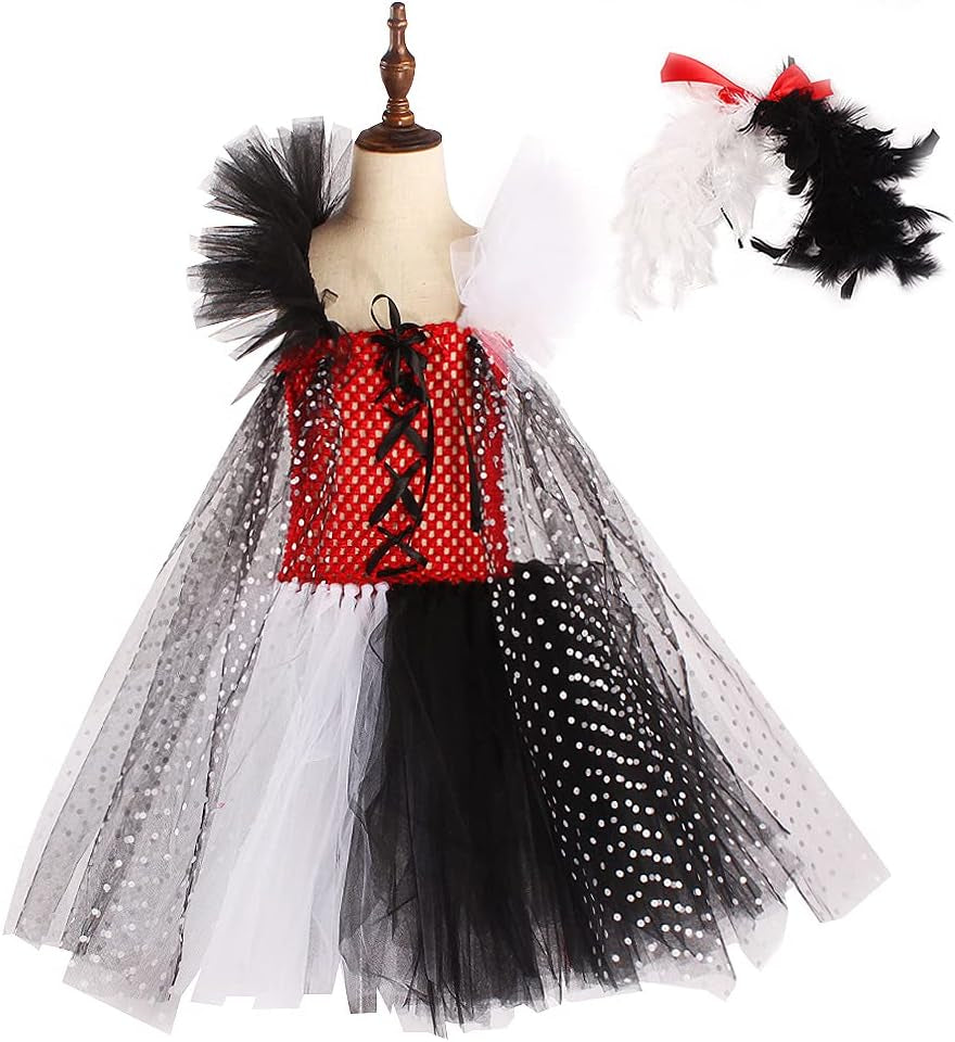 Toddler Dalmatian Costume Girls Dalmatian Cruella Deville Costume Kids Dress up Devilish Cosplay Halloween Dalmation Costume Cape Infant Tutu Skirt Black and White Wigs Baby Birthday Party Outfit 2-3T