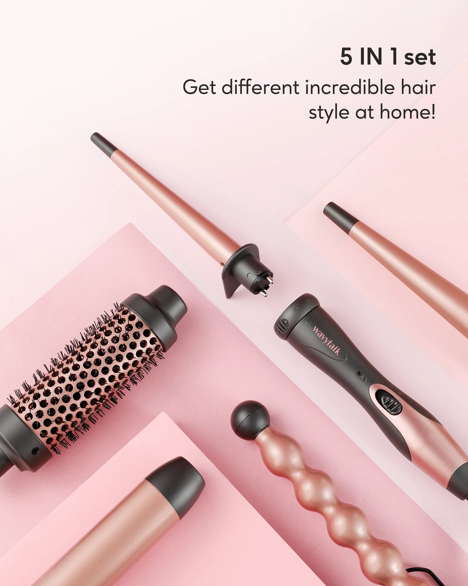 5 in 1 Curling Iron Wand Set, Instant Heating, with 4 Ceramic Barrels and 1 Curling Iron Brush