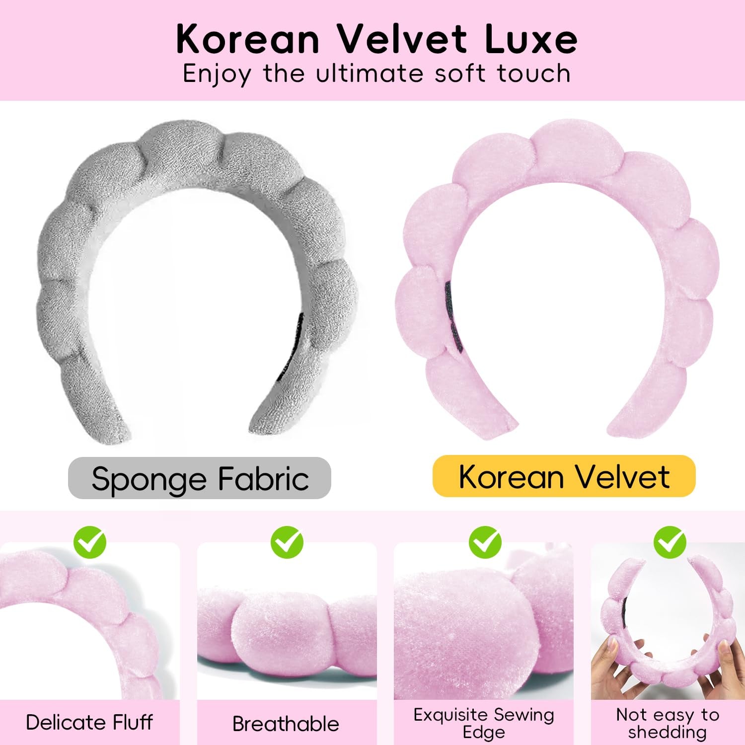 Spa Headband for Washing Face, Cute Skincare Headband and Wristband with Hair Clips Set for Women Girl, Soft-Puffy Velvet Makeup Headbands (Pink)