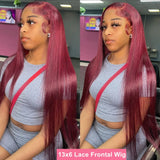 Burgundy Red 13x6 HD Lace Frontal Human Hair Wigs 99J Colored Straight 13x4 Lace Front Glueless Wig For Women 30 34 36 Inch