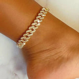 Bling Iced Out Chain Golden Cuban Anklet For Women Girls Hip Hop Full Rhinestone Paved Cuban Ankle Bracelet Summer Beach Jewelry