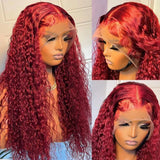 99J Burgundy 13x4 Deep Wave Lace Front Human Hair Wig HD Transparent Lace Frontal Wigs for Women Brazilian Red Colored Remy Wigs