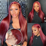 99J Burgundy Brazilian Straight Hair 13x6 Lace Front Human Hair Wigs Red Colored Pre-Plucked Lace Frontal Wigs For Women