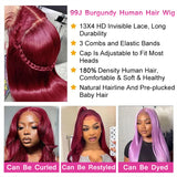 30 Inch 99j Burgundy Glueless Preplucked Human Hair Front Wigs 13x6 Hd Lace Frontal Wig 13x4 Colored Bone Straight Wig For Women