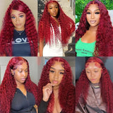 99J Burgundy 13x4 Deep Wave Lace Front Human Hair Wig HD Transparent Lace Frontal Wigs for Women Brazilian Red Colored Remy Wigs