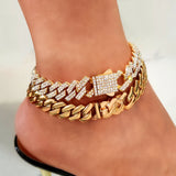 Bling Iced Out Chain Golden Cuban Anklet For Women Girls Hip Hop Full Rhinestone Paved Cuban Ankle Bracelet Summer Beach Jewelry