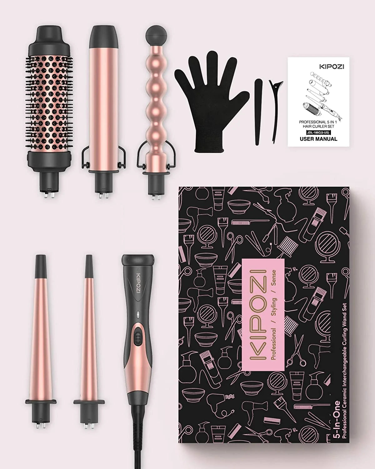 5 in 1 Curling Iron Wand Set, Instant Heating, with 4 Ceramic Barrels and 1 Curling Iron Brush