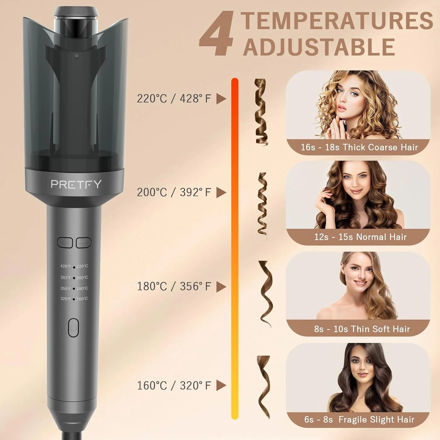 Automatic Curling Iron, Professional Anti-Scald Hair Curler with 4 Temps, 30Min Auto Off, for Waves, Beach Curls