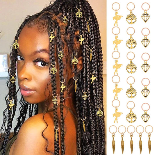 Feather Braid Hair Charms Gold Tree of Life Loc Jewelry Diamond African Dreadlock Accessories for Black Women (20PCS)