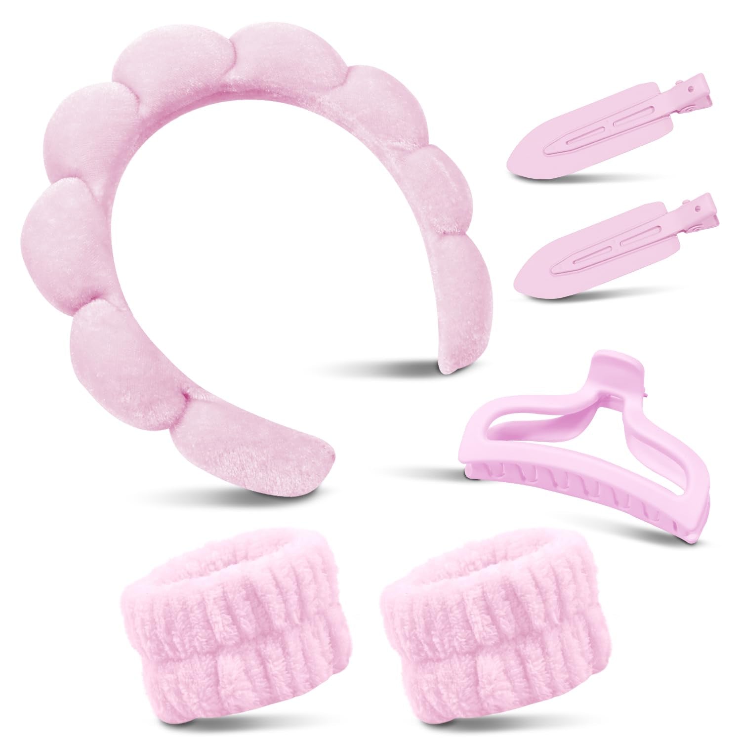 Spa Headband for Washing Face, Cute Skincare Headband and Wristband with Hair Clips Set for Women Girl, Soft-Puffy Velvet Makeup Headbands (Pink)