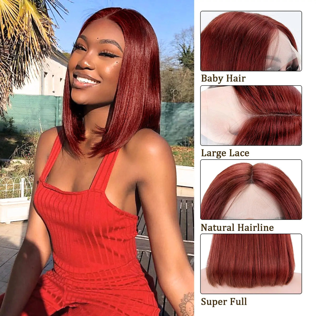 Reddish Brown Bob Wig Lace Front Human Hair Wigs Newmi 13x4 Full Lace Frontal Wigs Short Auburn Wig 33# Color Human Hair Wig