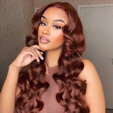 Reddish Brown 13x4 33# Body Wave Human Hair Lace Front Wigs Indian 180% Density Auburn Colored Pre Pucked HD Lace Frontal Wigs