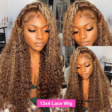 Ombre Deep Wave Frontal Wig Honey Blonde Highlight Curly Lace Front Human Hair Wigs T Part Highlight P4/27 Deep Wave Lace Wigs