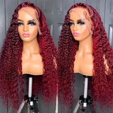 99j  Burgundy 13x6 Hd Lace Water Wave Frontal Wigs Human Hair Glueless Red Colored Brazilian Wigs On Sale 36 Inch Deep Wave Wig