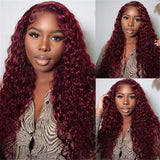 99J Burgundy Deep Wave 13x4 HD Transparent Lace Front Human Hair Wigs for Women Red Colored Water Curly Frontal Wig Pre Plucked