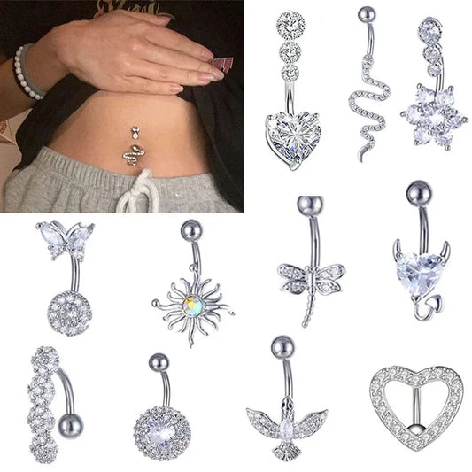 Snake Belly Button Ring Dangle Navel Piercing Ring Heart Belly Ring Zircon Navel Rings Body Piercing Jewelry Umbilical Pircing