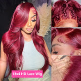 30 Inch 99j Burgundy Glueless Preplucked Human Hair Front Wig 13x6 Hd Lace Frontal Wig 13x4 Lace Colored Body Wave Wig For Women