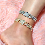 Bling Iced Out Chain Golden Cuban Anklet For Women Girls Hip Hop Full Rhinestone Paved Cuban Ankle Bracelet Summer Beach Jewelry