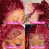 99J Burgundy 13x4 Deep Wave Lace Front Human Hair Wig HD Transparent Lace Frontal Wigs for Women Brazilian Red Colored Remy Wigs