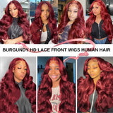 Body Wave Wig Burgundy Lace Front Wig 13x4 13x6 Hd Transparent Lace Frontal Wig Human Hair Pre Plucked 99j Red Colored Wigs