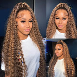 Ombre Deep Wave Frontal Wig Honey Blonde Highlight Curly Lace Front Human Hair Wigs T Part Highlight P4/27 Deep Wave Lace Wigs