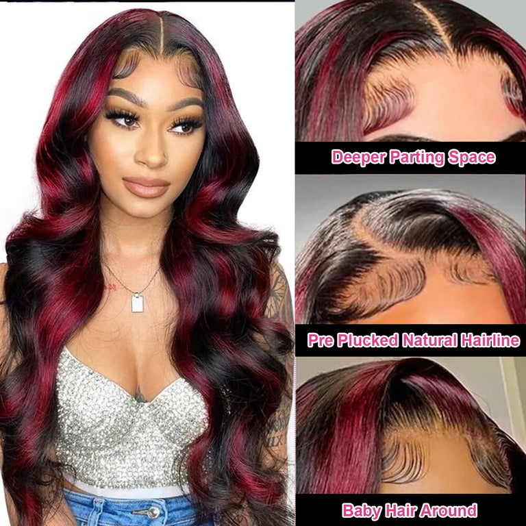 13x4 Lace Front Human Hair Wigs Highlight Ombre 1B/99J HD Lace Frontal Wigs Body Wave Human Hair Glueless Wig Pre Plucked