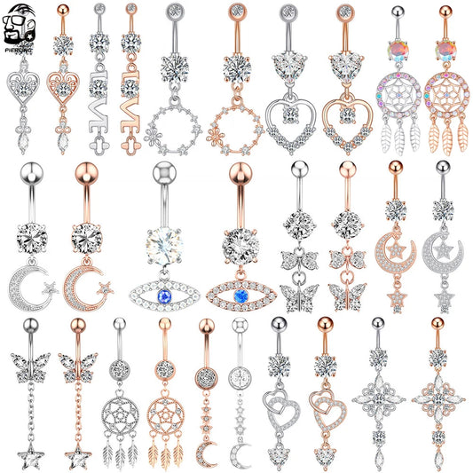 Sexy Dangling Navel Belly Button Ring for Women Girls 14G Heart Butterfly Crystal Belly Piercing Oreja Beach Belly Navel Rings