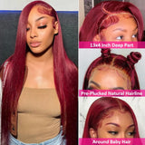 Burgundy 99J Straight hair front lace wig real hair wig 13x4 front lace wig wine red wig transparent lace wig female real hair