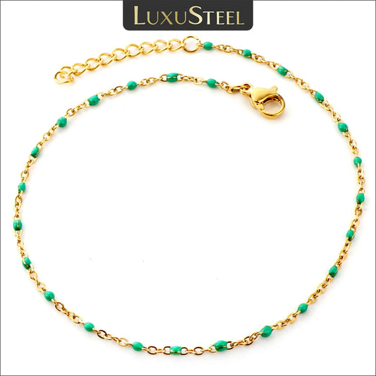 LUXUSTEEL Bohemian Green Blue Yellow Beads Chain Anklets Stainless Steel Summer Ankle Bracelet Body Jewelry Gifts For Women Girl