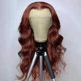 Reddish Brown 13x4 33# Body Wave Human Hair Lace Front Wigs Indian 180% Density Auburn Colored Pre Pucked HD Lace Frontal Wigs