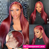 Burgundy 99J Straight hair front lace wig real hair wig 13x4 front lace wig wine red wig transparent lace wig female real hair