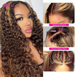 Ombre Deep Wave Frontal Wig Honey Blonde Highlight Curly Lace Front Human Hair Wigs T Part Highlight P4/27 Deep Wave Lace Wigs
