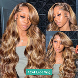 4/27 Highlight Body Wave Wig Human Hair Brazilian 30 32 Inch Colored Ombre Blonde 13x6 HD Transparent Lace Frontal Wig For Women