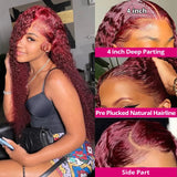 99j  Burgundy 13x6 Hd Lace Water Wave Frontal Wigs Human Hair Glueless Red Colored Brazilian Wigs On Sale 36 Inch Deep Wave Wig