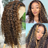 Ombre Deep Wave Frontal Wig Honey Blonde Highlight Curly Lace Front Human Hair Wigs T Part Highlight P4/27 Deep Wave Lace Wigs